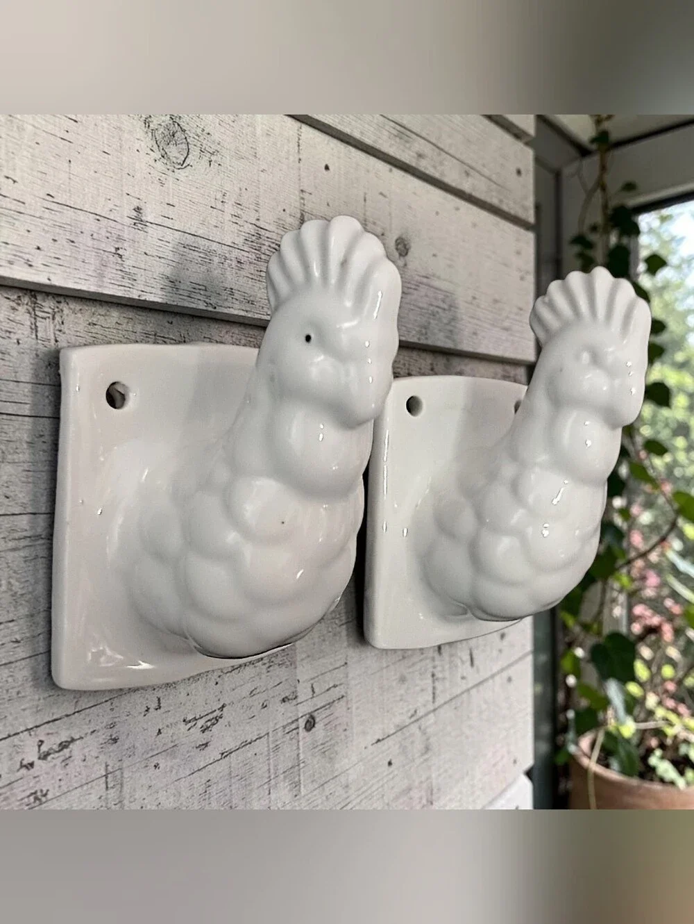 2 Vtg Rooster Wall Hooks Ceramic White Farmhouse Chicken Coat Hat Towel Rustic